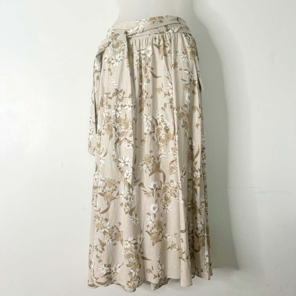 Sheragano Floral Tan Linen Blend Maxi Skirt